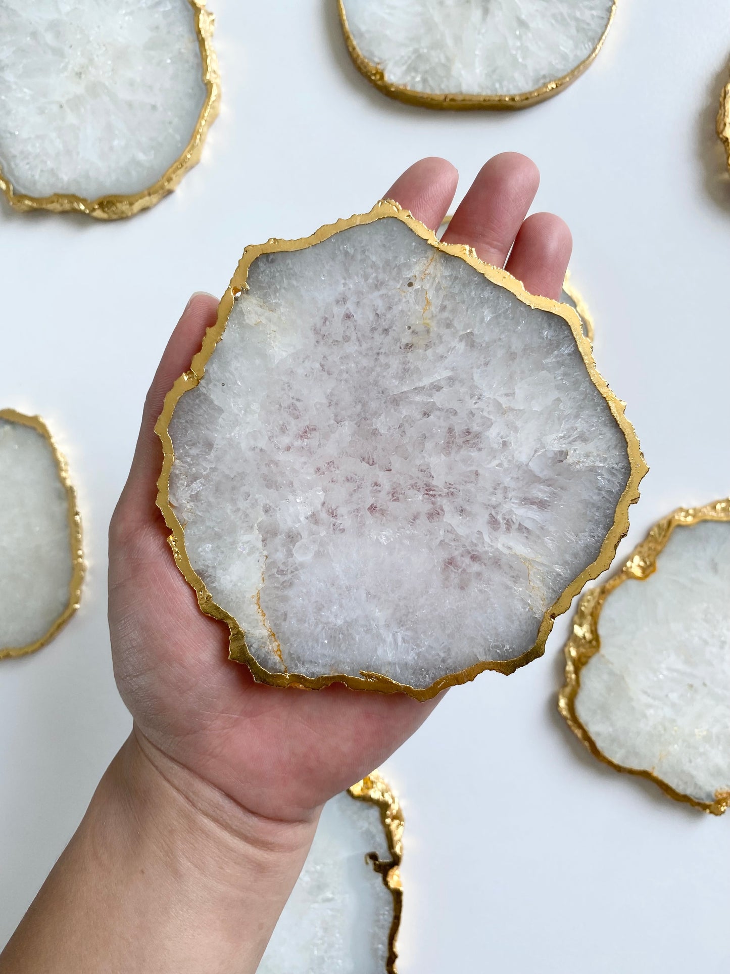 White Natural Agate Crystal Coasters - Gold