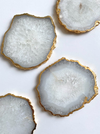 White Natural Agate Crystal Coasters - Gold